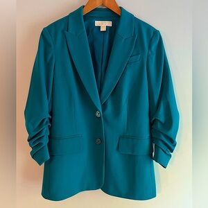 Michael Kors Teal Blue Blazer Pinch Pleats Sleeves Size 8